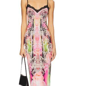 Floral Print Pink Slip Dress with Black Lace Trim
